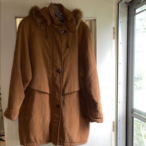 Women's Brown Hooded Jacket faux fur hood